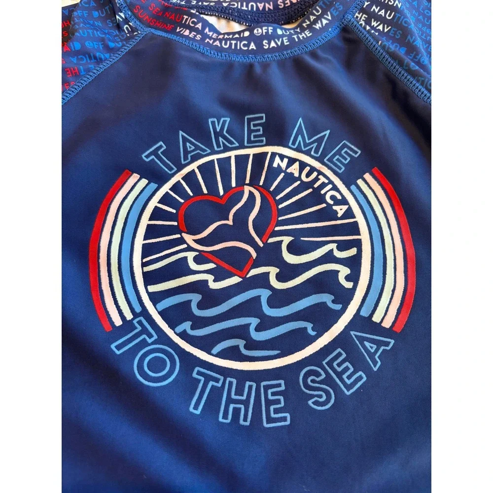 Nautica Girls Rash Guard Medium 8/10 Twilight Blue Long Sleeve‎ Swim Top Cropped